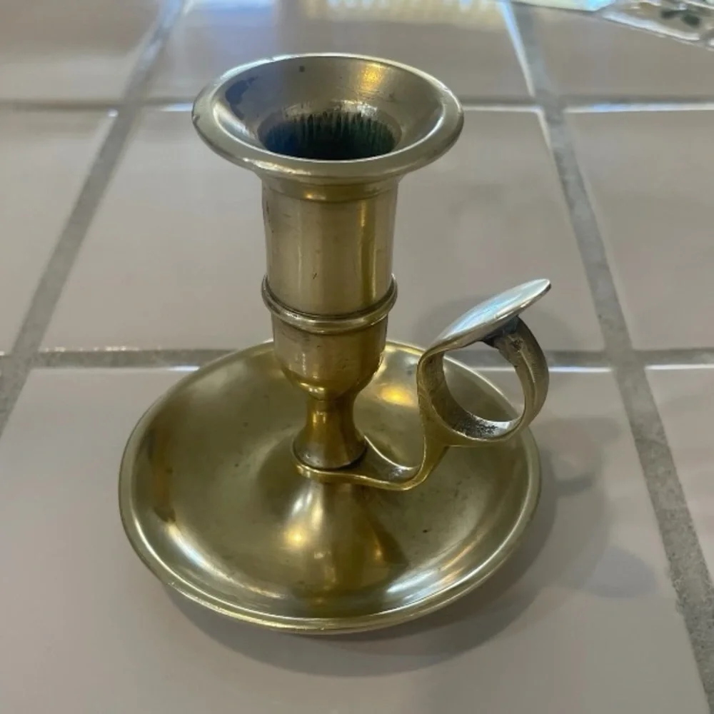 Vintage Handmade Brass Chamber Stick Candle Holder with Finger Loop & Drip